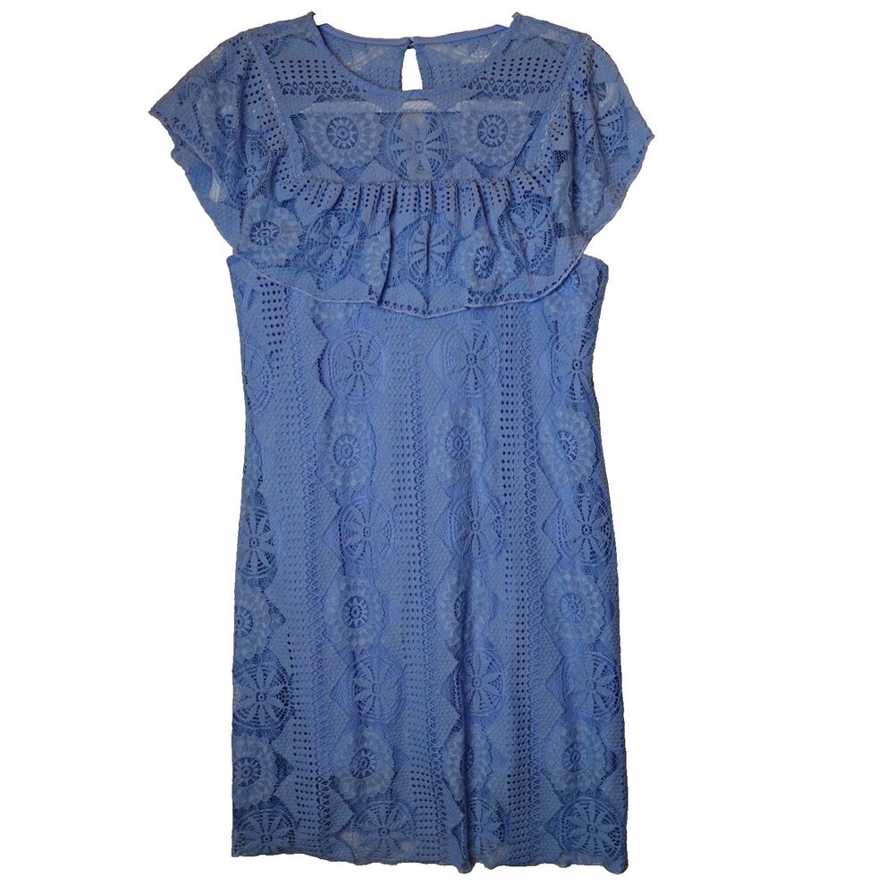 Miami Blue Crochet Lace Dress Womens Medium Capelet Ruffle Sheath Flutter Sleeve